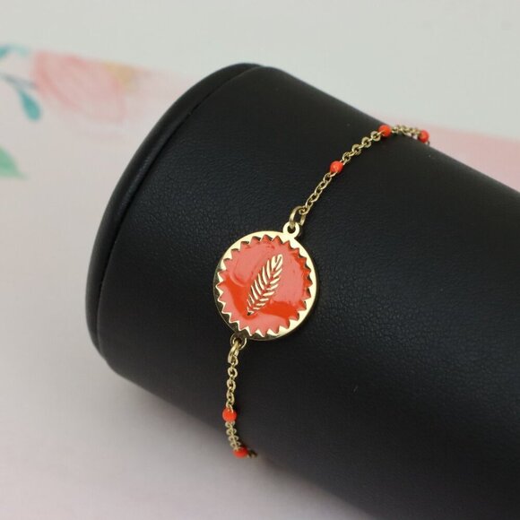 Gold Plated Yellow Bracelet with Orange Leaf Charm, Adjustable Size, XPBL0629 - Picture 5 of 12